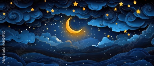 Starry Night Sky with Moon and Clouds in Artistic Illustration