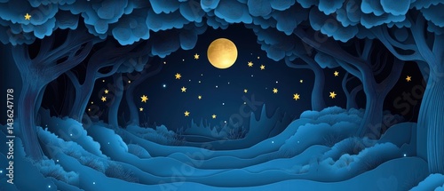 Serene Nightime Forest with Full Moon and Shimmering Stars