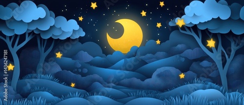 Serene Night Landscape with Moon and Stars in a Paper Cut Style