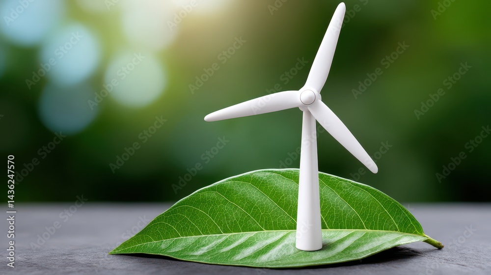 A windmill placed on a green leaf, symbolizing eco-friendly energy. The trend of using renewable and clean energy. Renewable energy support.