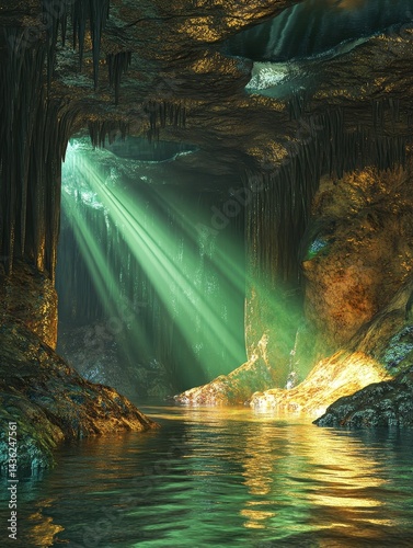 Enchanting Cave with Glimmering Water and Sunlight Rays