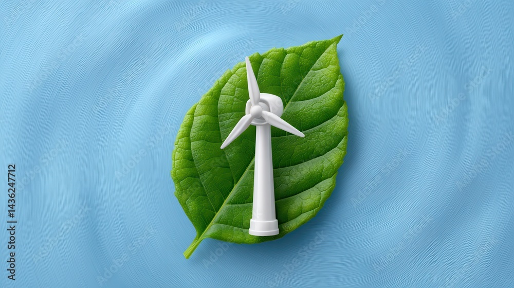A windmill placed on a green leaf, symbolizing eco-friendly energy. The trend of using renewable and clean energy. Renewable energy support.