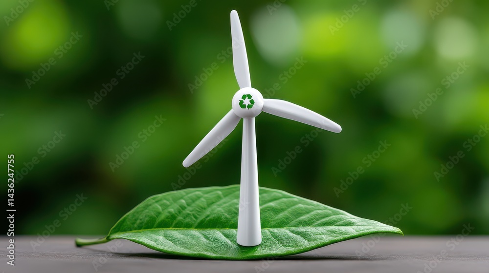 A windmill placed on a green leaf, symbolizing eco-friendly energy. The trend of using renewable and clean energy. Renewable energy support.