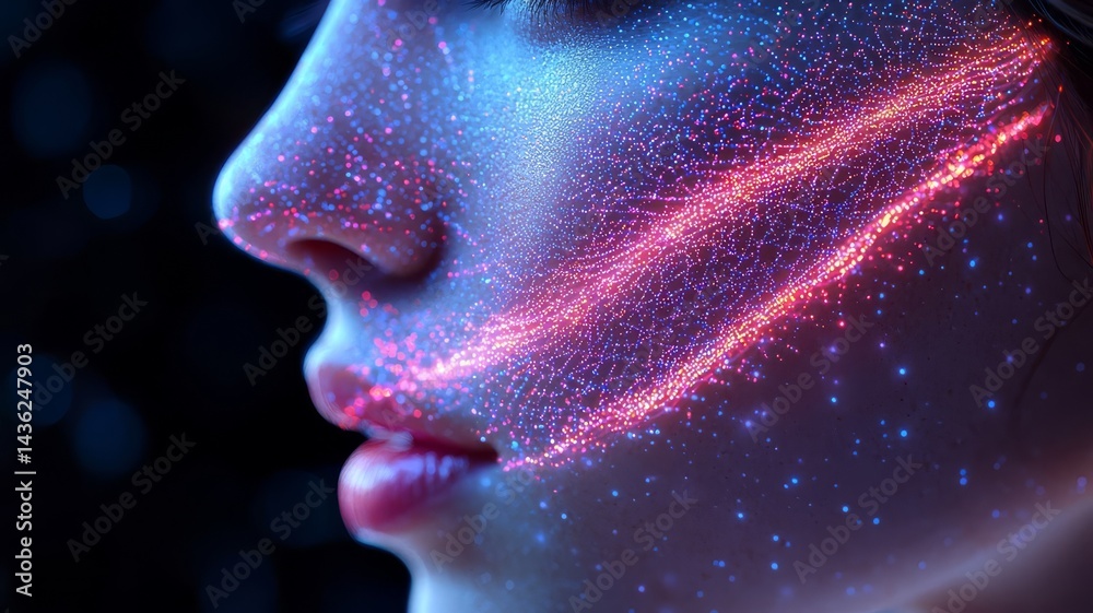 Close-up of a womans face illuminated with vibrant cosmic patterns, showcasing beauty and modern artistry in a captivating, futuristic aesthetic. Close-up of a womans face illuminated with vibrant cosmic patterns, showcasing beauty and modern artistry in a captivating, futuristic aesthetic.