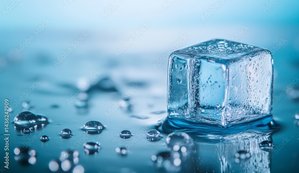 Ultra-realistic image of a melting ice cube with water droplets and a blue background Ultra-realistic image of a melting ice cube with water droplets and a blue background