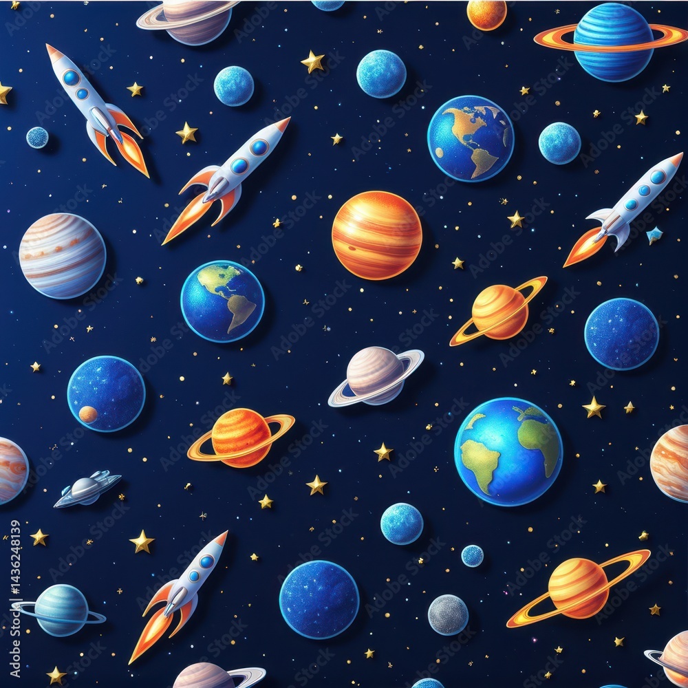 Naklejka premium Holographic stickers featuring planets, UFOs, and rockets, metallic iridescent effects, starry dust, deep blue backdrop, sci-fi details.