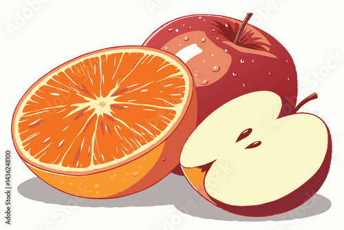 2 Vibrant fruit still life, Hyper-realistic oranges and apples, Water droplets on fruit skin, Bright colors, High contrast, Soft white background, Closeup photography, Studio lighting, Fresh and juicy