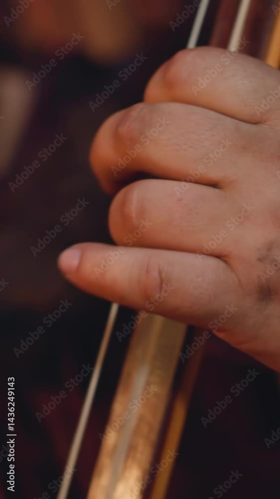 Fat bearded man plays tovshuur at folk music concert focus on hand and instrument neck. Altai musical rituals. Entertainment at ethnic festival Fat bearded man plays tovshuur at folk music concert focus on hand and instrument neck. Altai musical rituals. Entertainment at ethnic festival