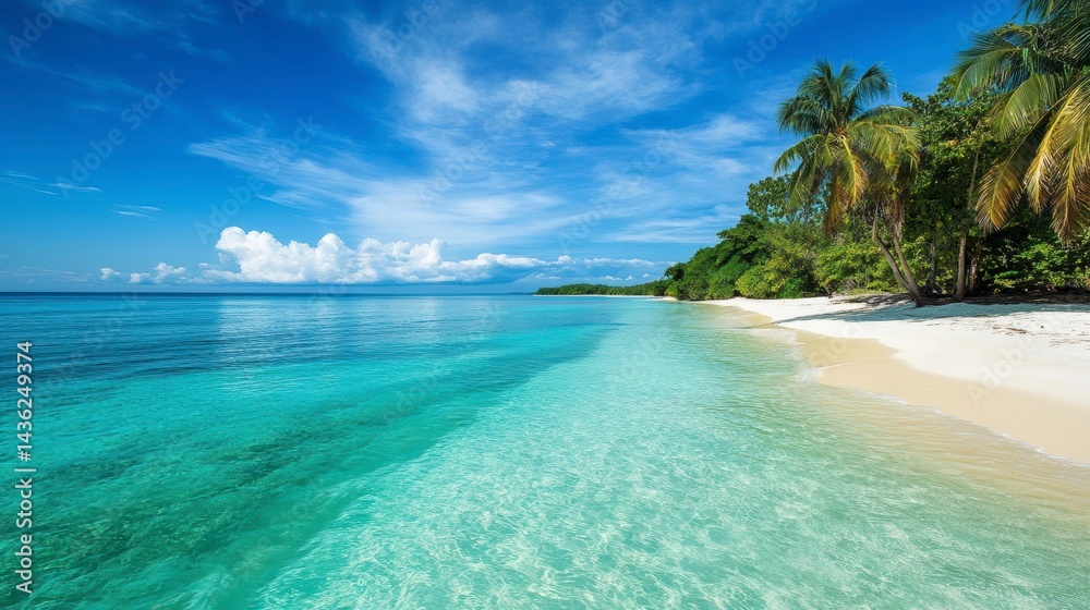 Fototapeta premium Idyllic tropical beach with turquoise water, white sand, and palm trees under a vibrant blue sky.
