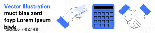 Hand holding card, blue calculator, handshake emphasizing payment, calculation, agreement. Ideal for finance, banking, payment processing, collaboration negotiation budgeting simple landing page