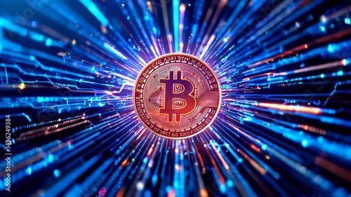 Illuminated Coin Surrounded by Glowing Network Lines