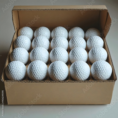 a box of golf balls sits ready to play, packed tightly in a cardboard container.