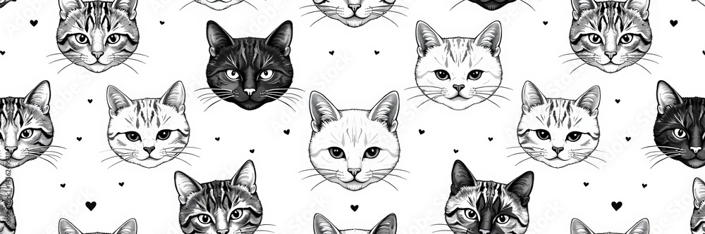 Fototapeta premium Seamless pattern of minimalist hand-drawn cat heads in black and white, seamless, texture, print