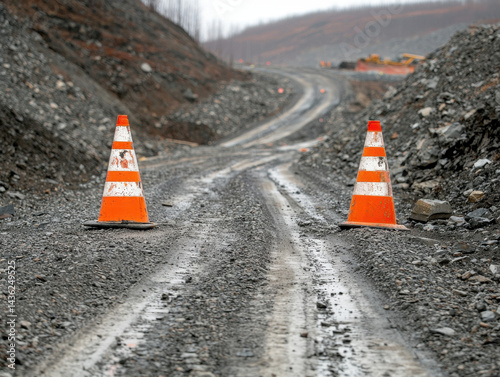 Traffic cones on rugged roadwork site, surrounded by scattered gravel and dirt, create sense of caution and alertness in this construction area