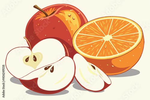 2 Vibrant fruit still life, Hyper-realistic oranges and apples, Water droplets on fruit skin, Bright colors, High contrast, Soft white background, Closeup photography, Studio lighting, Fresh and juicy
