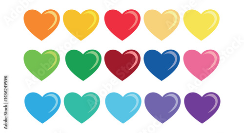 Set of colorful glossy hearts in various shades, simple vector illustration, ideal for Valentine's Day, love-themed designs, and romantic decorations.