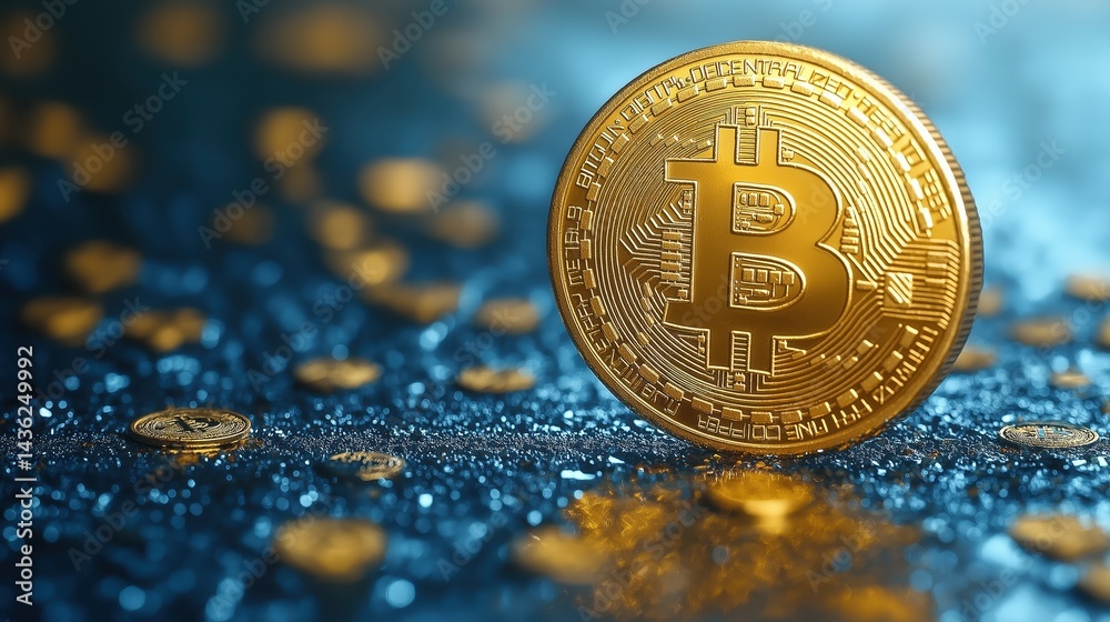 Glossy golden Bitcoin coin shines brightly against a vibrant blue surface, symbolizing digital currency and investment opportunities