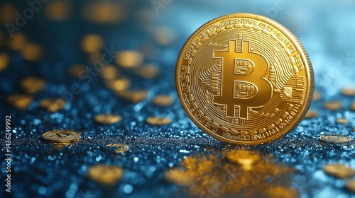 Obraz na płótnie Glossy golden Bitcoin coin shines brightly against a vibrant blue surface, symbolizing digital currency and investment opportunities w salonie