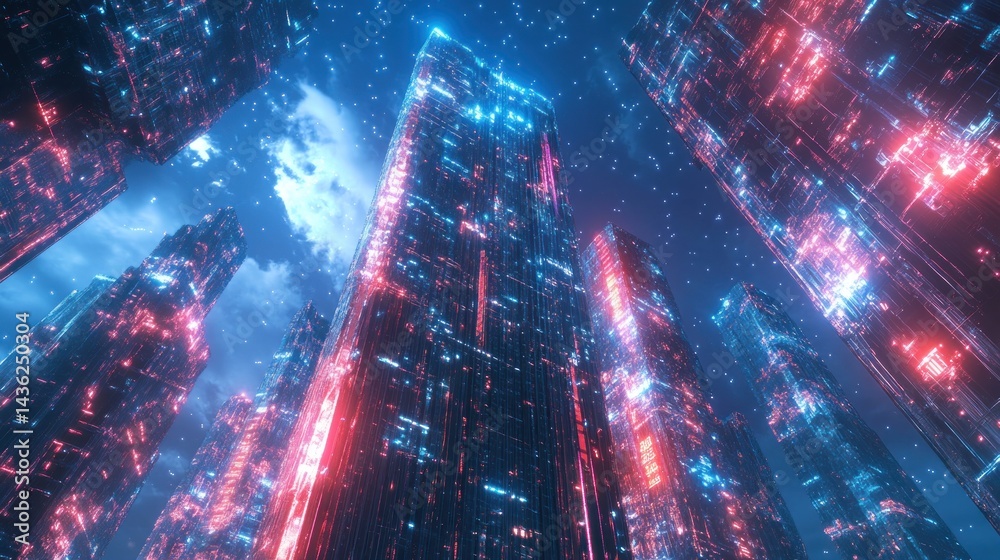 Fototapeta premium Futuristic cityscape at night, glowing with vibrant digital light. High-rise buildings, interconnected by a network of illuminated lines. A futuristic, vibrant atmosphere