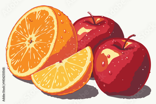 2 Vibrant fruit still life, Hyper-realistic oranges and apples, Water droplets on fruit skin, Bright colors, High contrast, Soft white background, Closeup photography, Studio lighting, Fresh and juicy