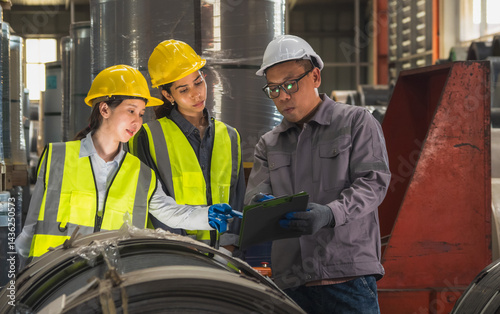 Leader manager talk work order staff engineer technician team in hard hat and uniform safety vest hand holding document discuss inspection check heavy machine technology product in industry factory