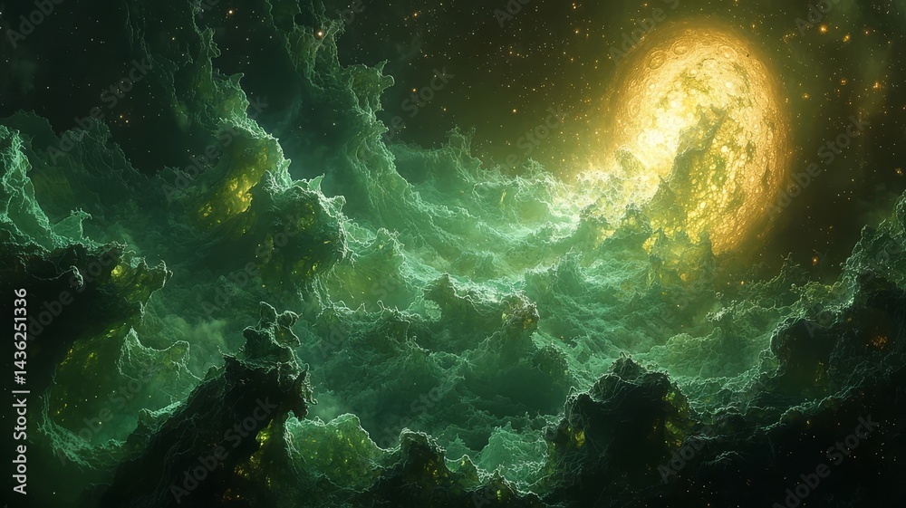 Fototapeta premium Vibrant cosmic landscape featuring swirling green clouds illuminated by a radiant golden sun, evoking a sense of wonder and exploration in the universe.