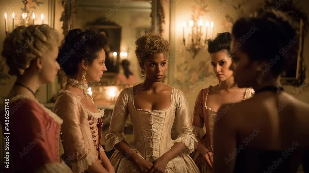 Several women in elegant gowns gather inside a vintage room with floral wallpaper and ornate wall sconces, exuding an air of refinement and anticipation.