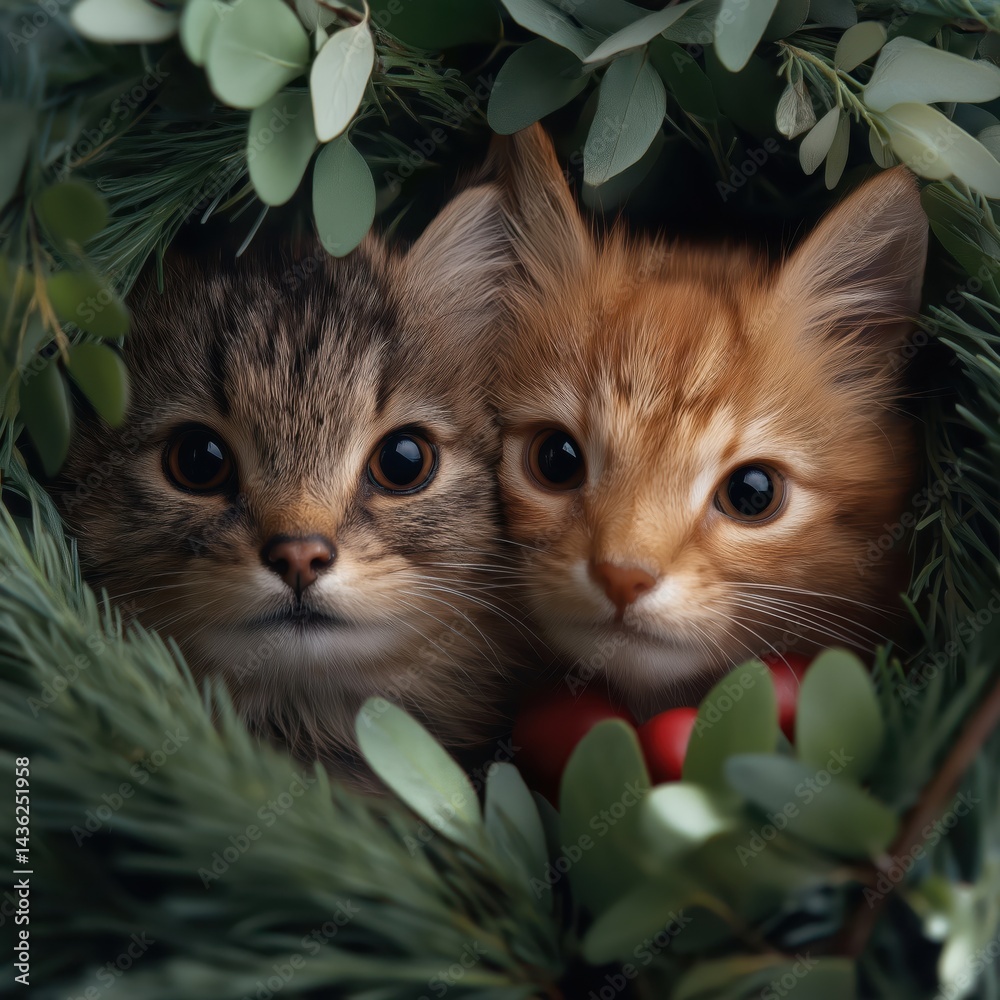 Wild animals observe surroundings while nestled among green foliage in a tranquil setting