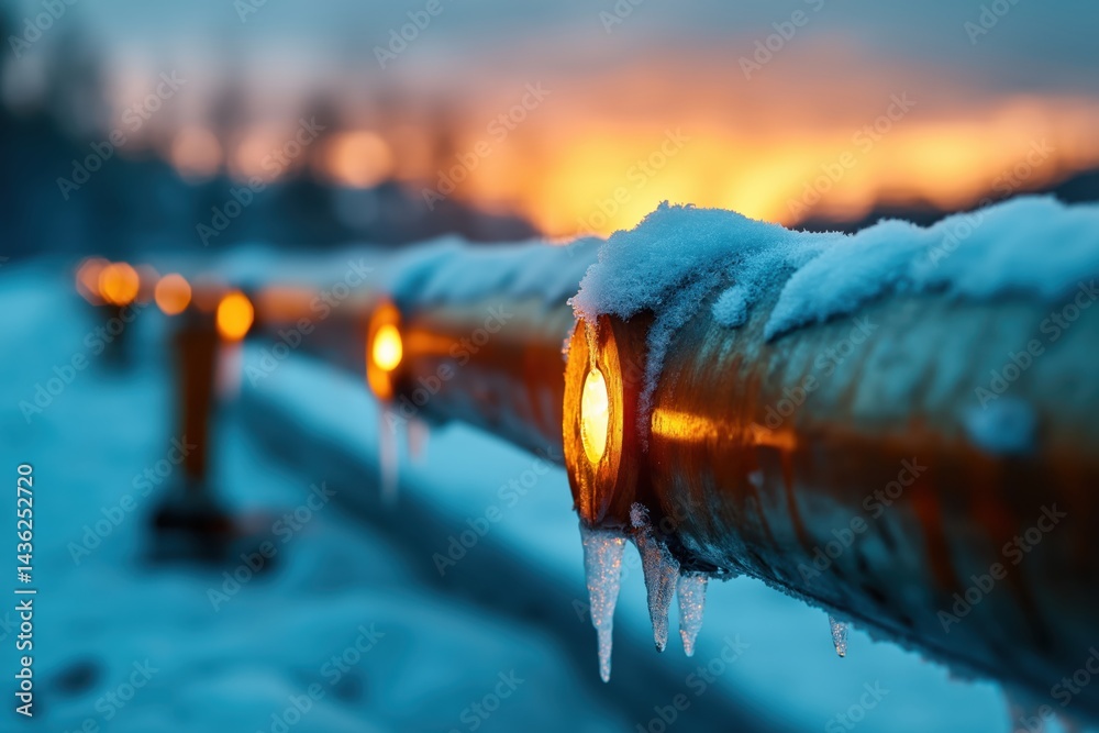 Industrial oil pipeline covered in frost stretches across a snowy landscape with mountains during winter sunset