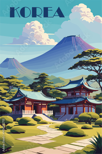 Korea travel destination poster in retro style. Colorful Asian landscape vector illustration