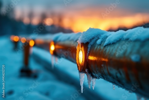 Obraz na płótnie Industrial oil pipeline covered in frost stretches across a snowy landscape with mountains during winter sunset w salonie