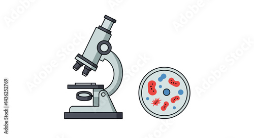 Pixel Art Illustration Of A Microscope And Petri Dish With Bacterial Cells