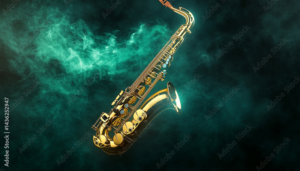 Naklejka premium Golden sax ophone on dark background with green