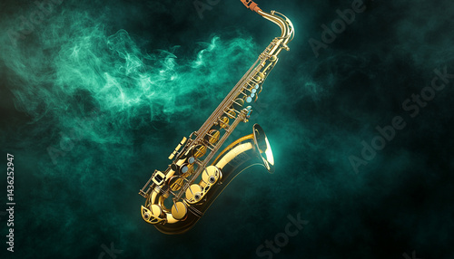 Wallpaper Mural Golden sax ophone on dark background with green Torontodigital.ca
