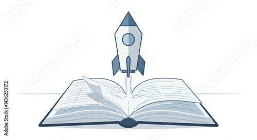 Spacecraft Launching From Open Book Blue And White Graphic