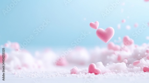 Delicate pink hearts floating amidst soft, white clouds.  A gentle, romantic scene