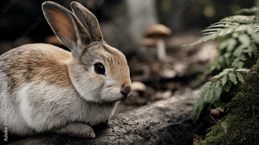 Fototapeta premium Adorable Wild Rabbit Resting on Log in Forest Setting