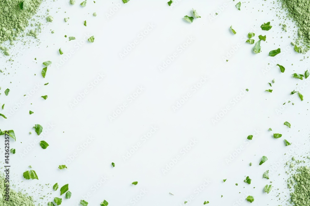 Green powder and leaf border on white background Green powder and leaf border on white background