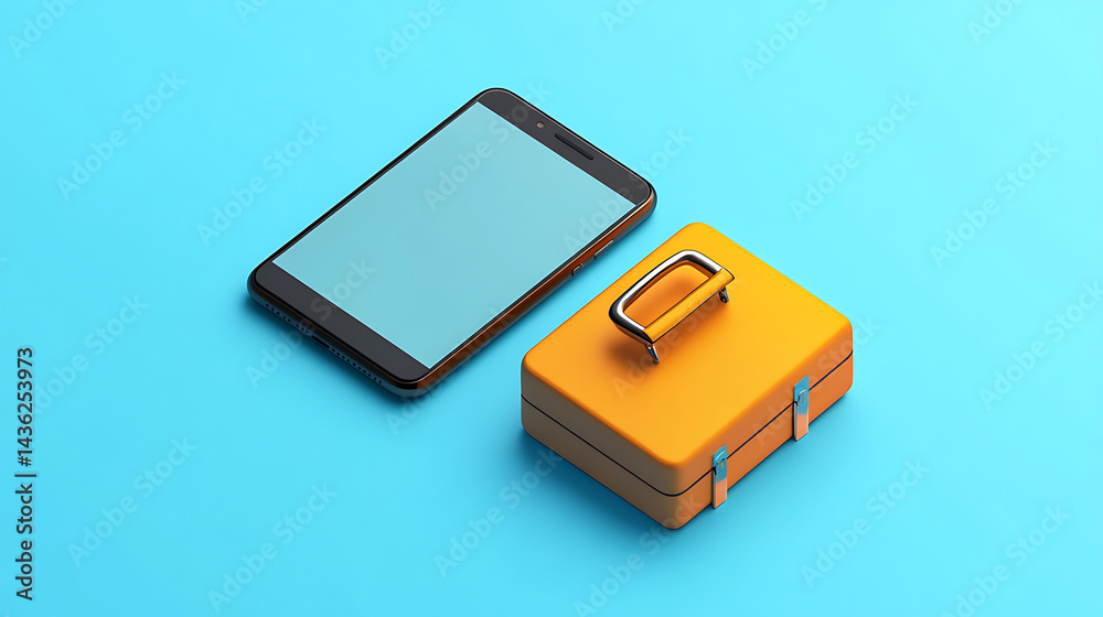A phone and a briefcase are on a blue background A phone and a briefcase are on a blue background