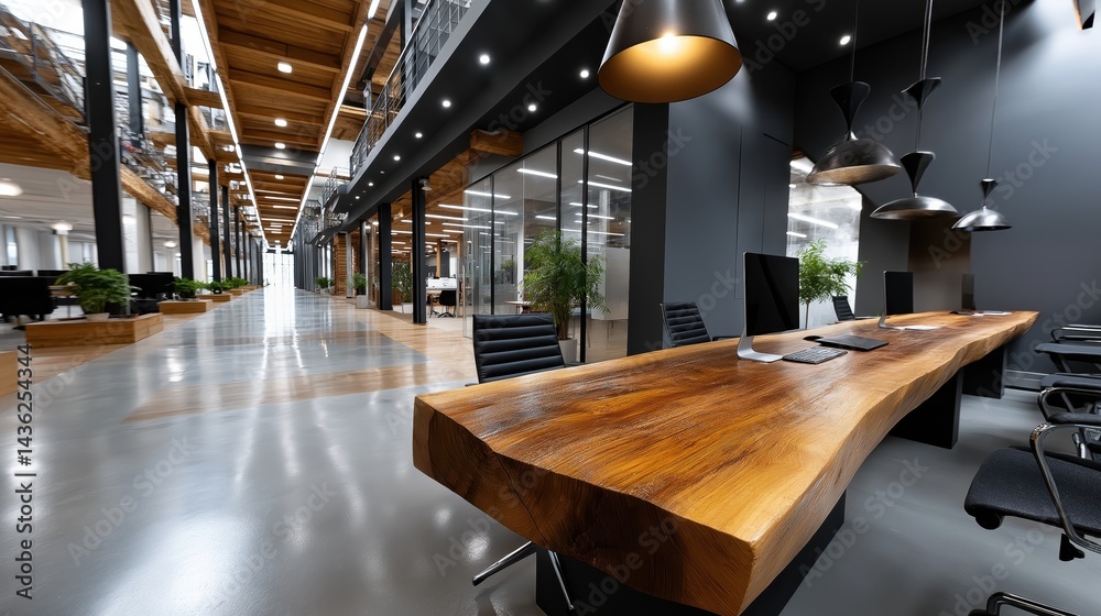 Modern blurred office interior featuring soft lighting and elegant furniture in a spacious layout