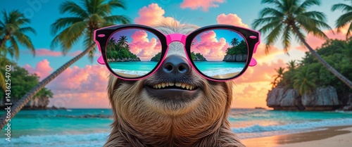 A stunning tropical beach scene with a central, smiling sloth wearing oversized black sunglasses with vibrant pink frames, accentuating her broad, toothy.