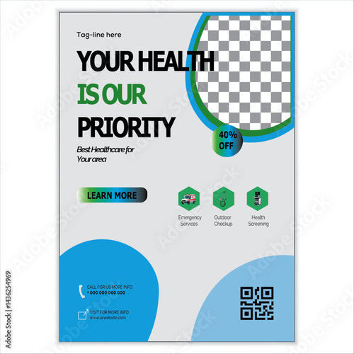 Modern healthcare and medical flyer design. A4 size, vector illustration.