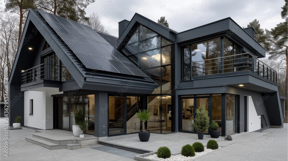Modern house showcases solar panels for sustainable living with sleek design and functional features in a tranquil outdoor setting