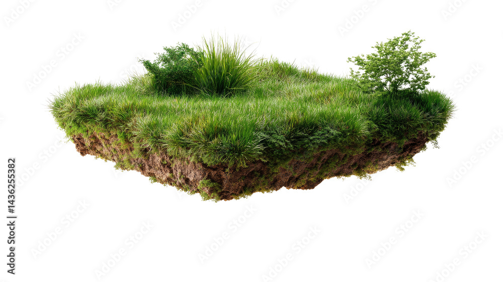 Fototapeta premium Floating Island of Life: A lush patch of grass, soil, and small plants floats serenely in space, a symbol of untouched nature and vibrant life.