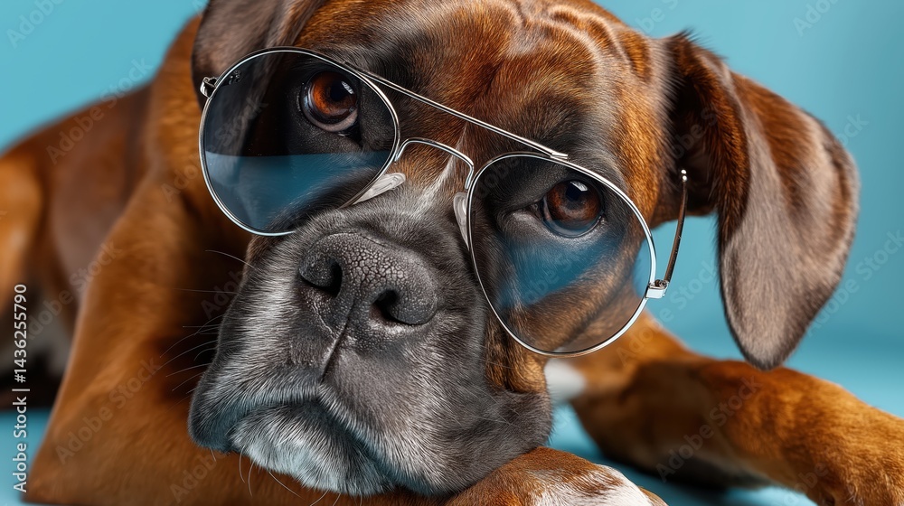 Boxer dog wearing stylish sunglasses relaxing on a light blue background with a cool demeanor