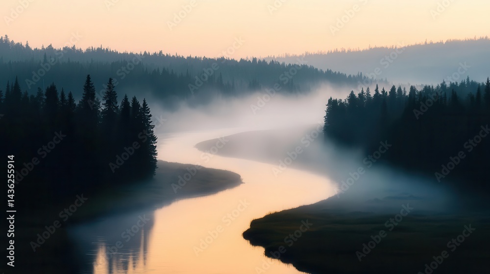 Fototapeta premium A fogcovered river winding through an ancient European woodland, morning sunlight breaking through the mist