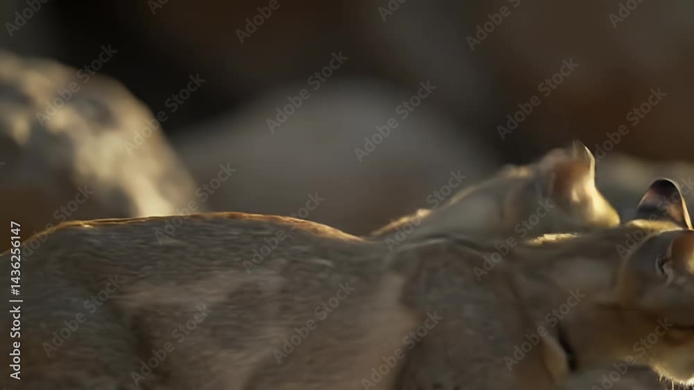 Sand Cats Playfully Interacting near Rocky Terrain in Golden Light Highlighting Agile Movements and Expressive Features Captured by Steady Cam Lens Ideal for Wildlife and Nature Documentaries
