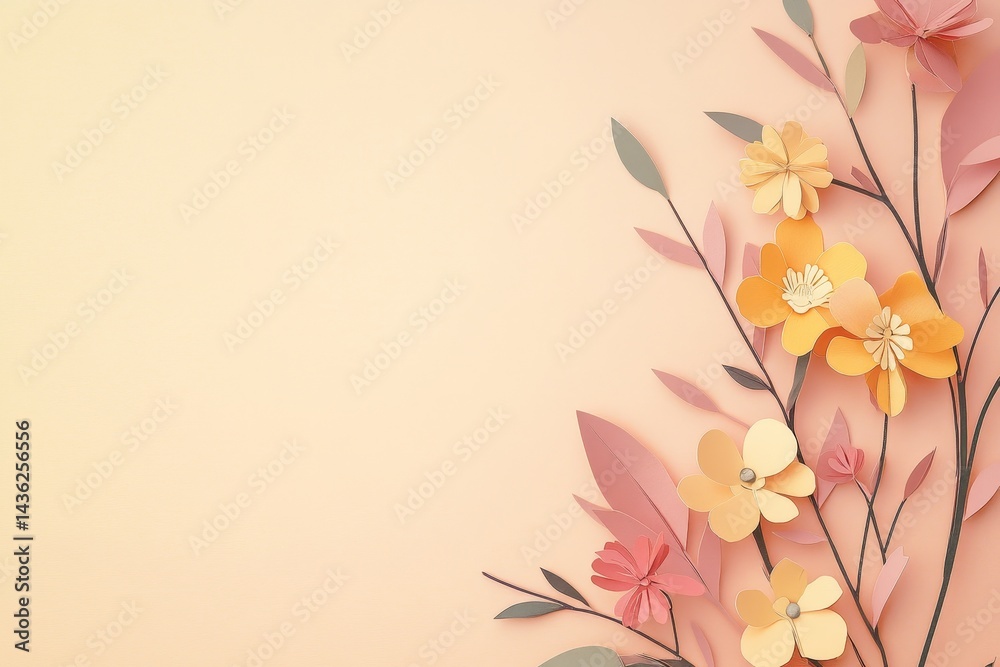 Naklejka premium Delicate paper flowers create a soft, spring-inspired design.