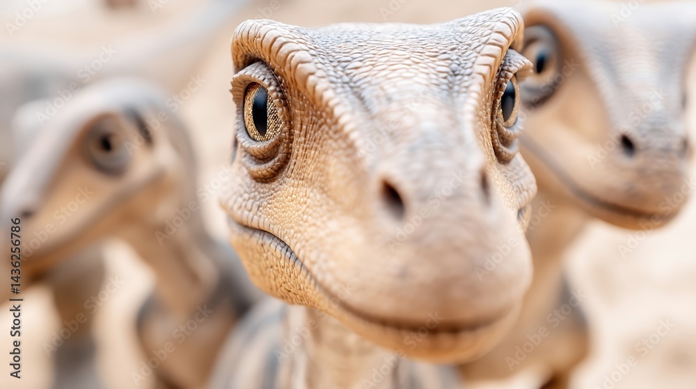 Fototapeta premium Delightful dinosaurs curiously gaze into the camera, showcasing their playful nature from below