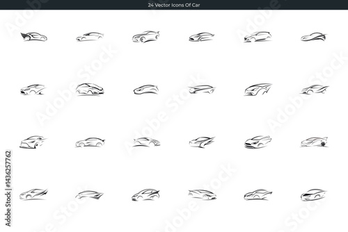 Collection of twenty four minimalist car icon vector illustrations line art doodle